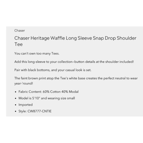 Chaser Heritage Waffle Long Sleeve Snap Drop Shoulder Tee Size S 60% Cotton 40% - Picture 2 of 11